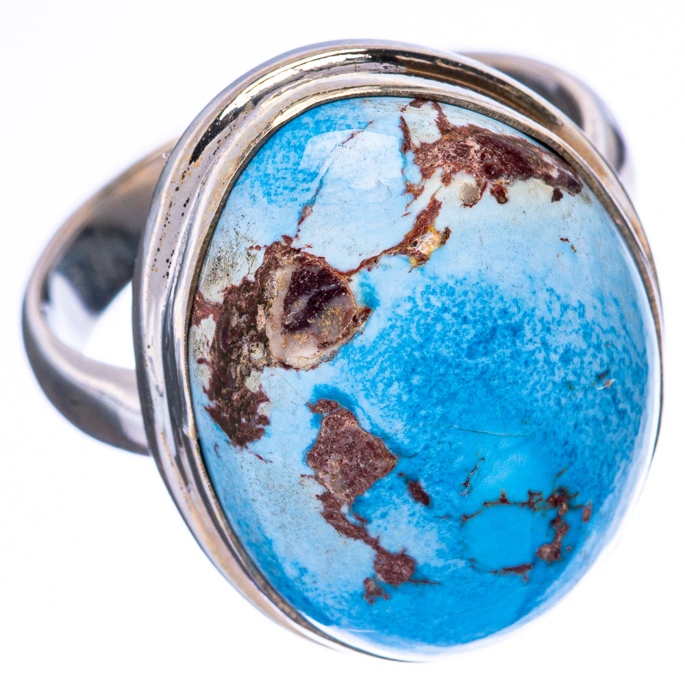Oval turquoise cabochon ring in 925 sterling silver, blue with brown veining, size 9