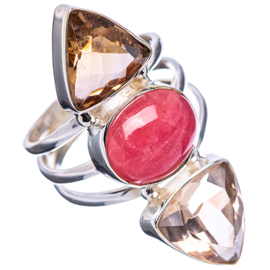 Sterling silver gemstone ring with oval pink rhodochrosite and two brown faceted side stones