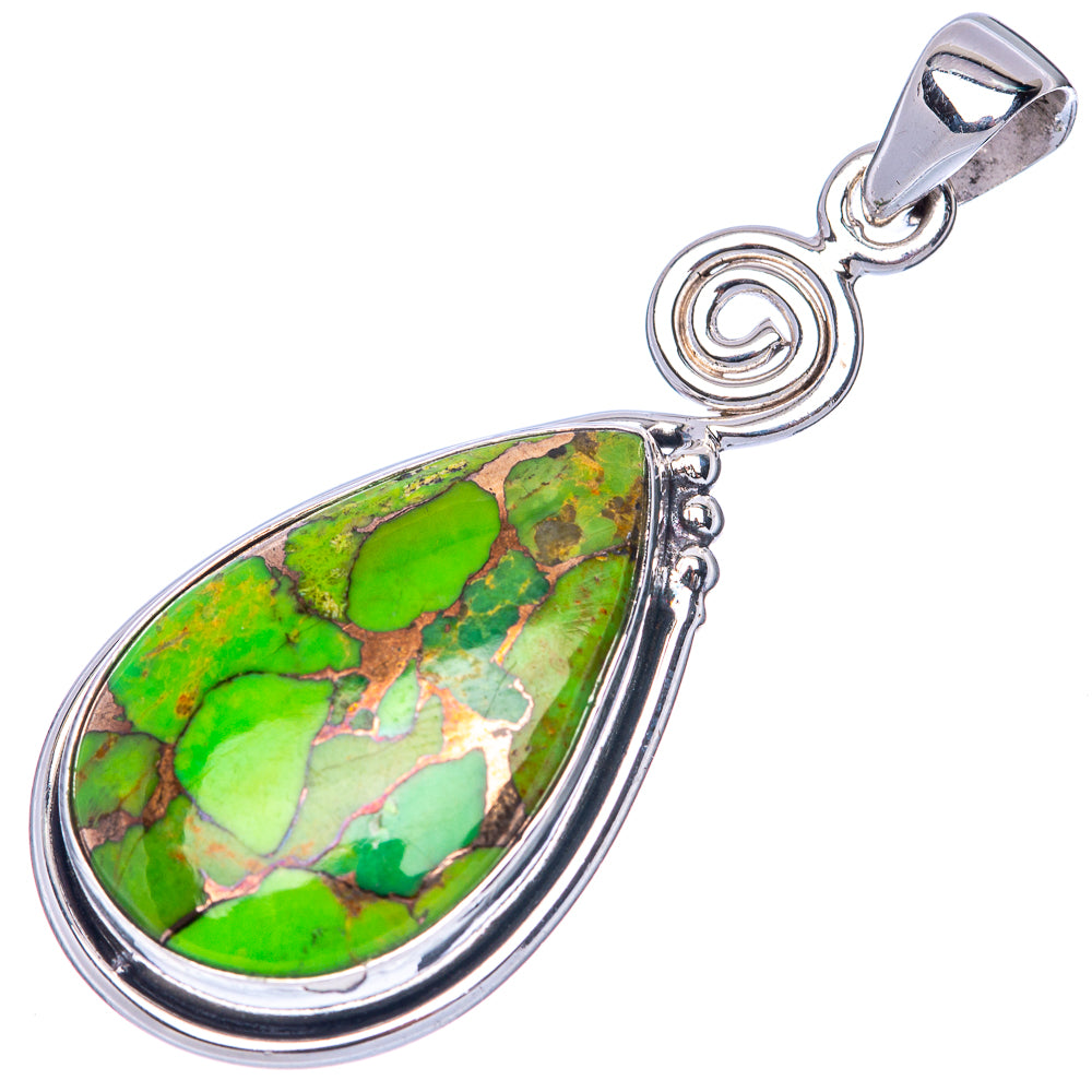 Silver teardrop pendant with green copper turquoise stone on loop bail