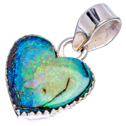 Sterling silver heart opal pendant with bright blue-green pattern and serrated bezel