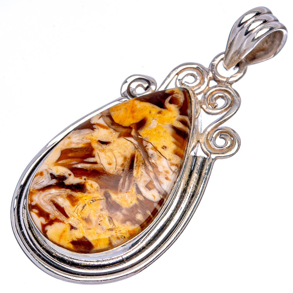 Oval jasper pendant with sterling silver frame, loop bail, and swirling amber-brown stone