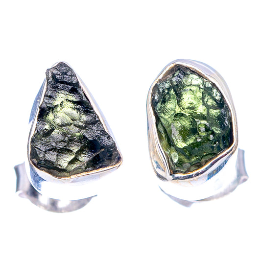 Sterling silver Moldavite earrings, bezel-set green-black teardrop stones in bright silver frames