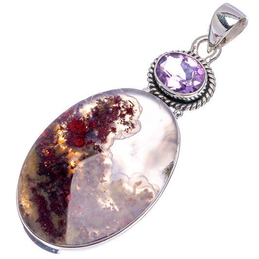 Sterling silver pendant with large oval plume agate and amethyst top detail