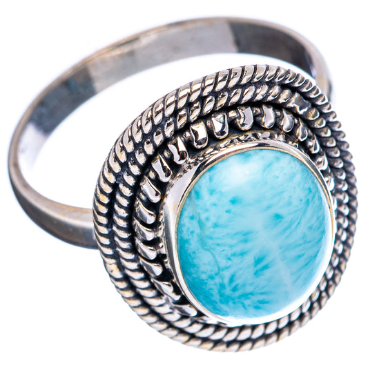 Oval blue Larimar cabochon ring with rope-textured .925 sterling silver band, side view