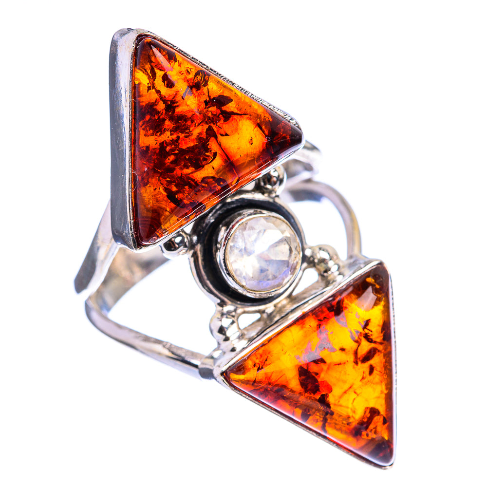 Large Baltic Amber, Rainbow Moonstone Ring Size 8 (925 Sterling Silver) R142905