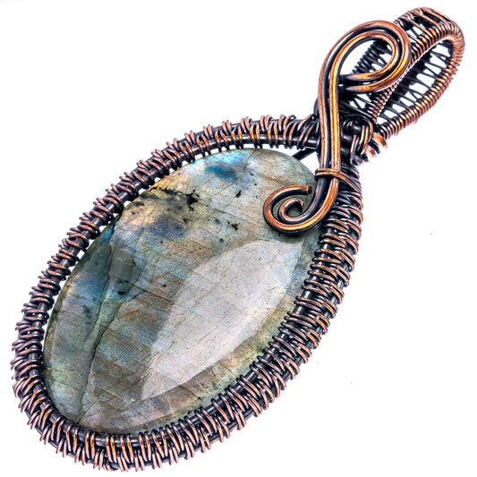 Oxidized copper wire-wrapped labradorite teardrop pendant, full view with loop bail
