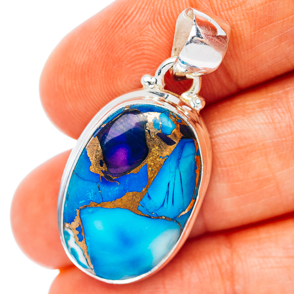 Violet Blue Dahlia Turquoise Pendant 1 3/8" (.925 Sterling Silver)