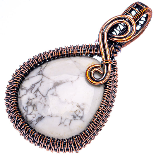 Oxidized copper wire-wrapped teardrop pendant with white howlite stone and round loop bail