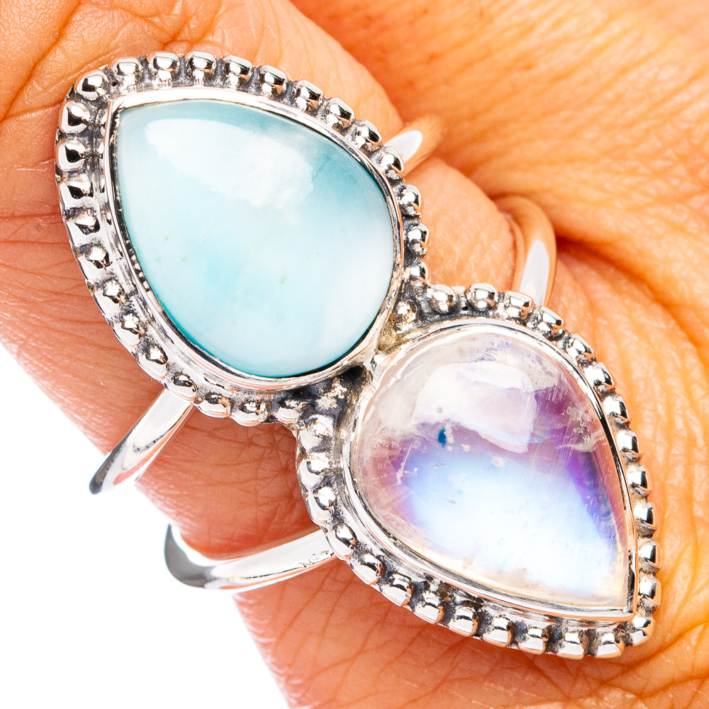 Premium Larimar, Rainbow Moonstone Ring Size 8.75 (925 Sterling Silver) R8178