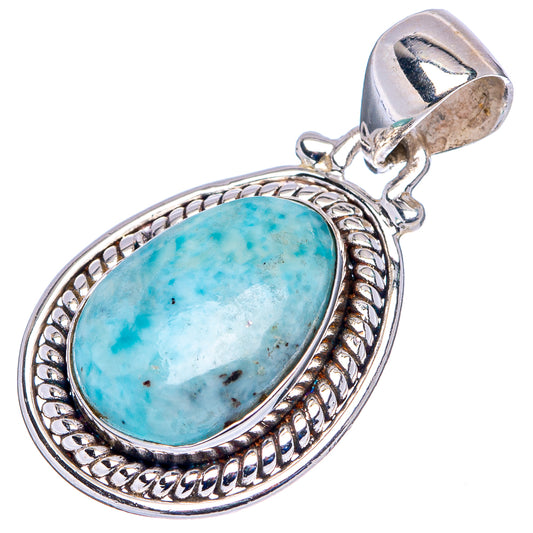 Oval Larimar stone pendant in .925 sterling silver, ornate oval bezel and bail