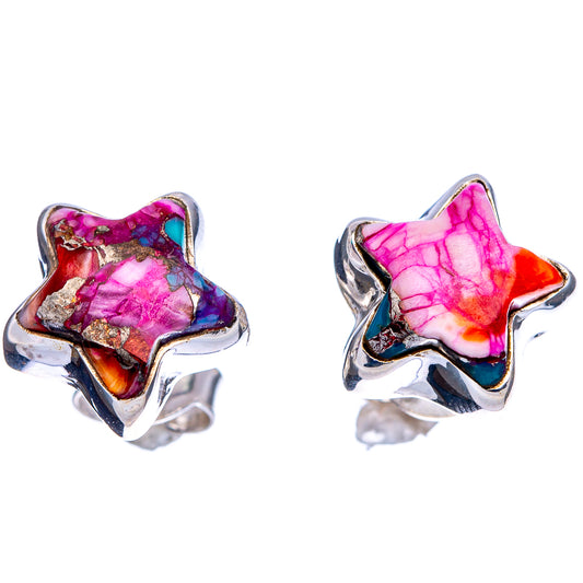 Pair of sterling silver star earrings with pink purple stone and turquoise center accents