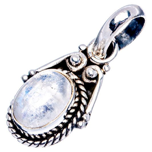 Sterling silver oval rainbow moonstone pendant with bail and filigree border, side view