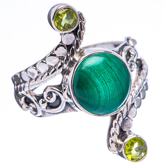 Sterling silver malachite centerpiece ring with round peridot accents, scalloped setting