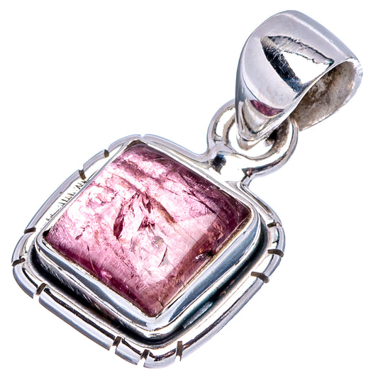 Pink tourmaline pendant .925 sterling silver frame and bail, square gemstone with raised facets