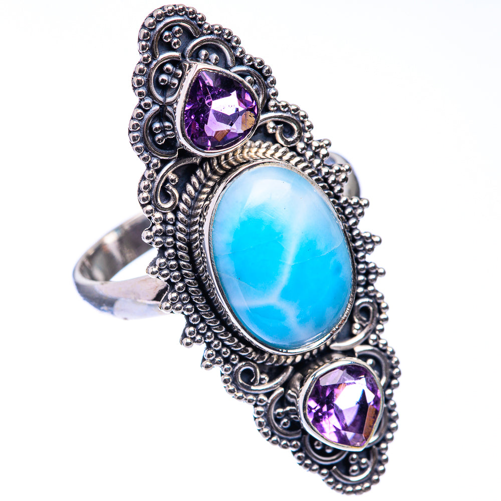 925 sterling silver statement ring with blue larimar center and purple amethyst accents