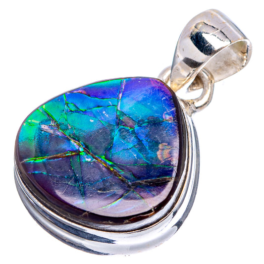 Oval sterling silver ammolite pendant with blue, purple, and green iridescent stone