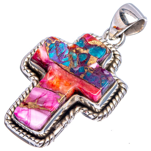 Sterling silver pendant with rectangular multicolor stone in ornate rope frame