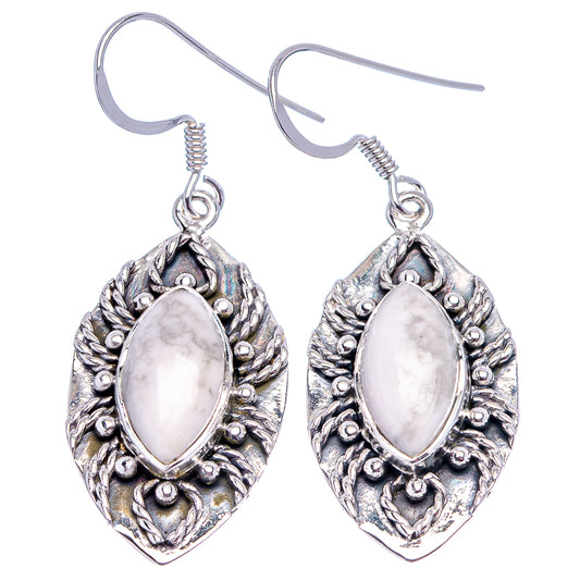Sterling silver howlite drop earrings, oval white stones in detailed teardrop frames