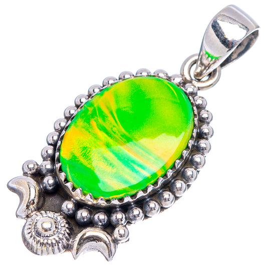 Sterling silver round green opal pendant with ornate beaded border and bail