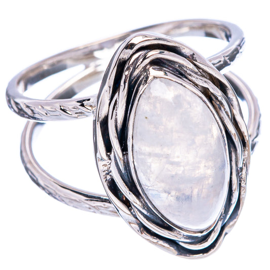 Sterling silver ring with oval rainbow moonstone and twisted metal frame, size 8.75