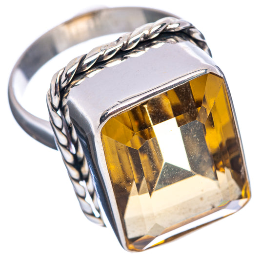 Square-cut amber quartz ring in .925 sterling silver with twisted rope band and raised bezel
