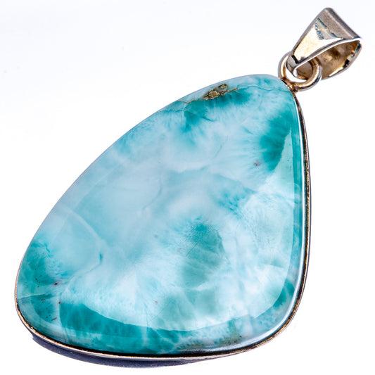 Large Larimar teardrop pendant in .925 sterling silver, blue-green stone with frame