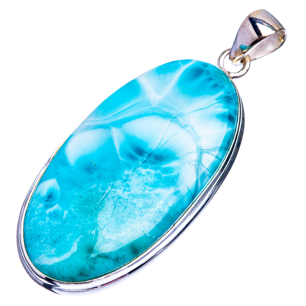 Oval larimar stone pendant in silver bezel with top loop bail, blue marbled
