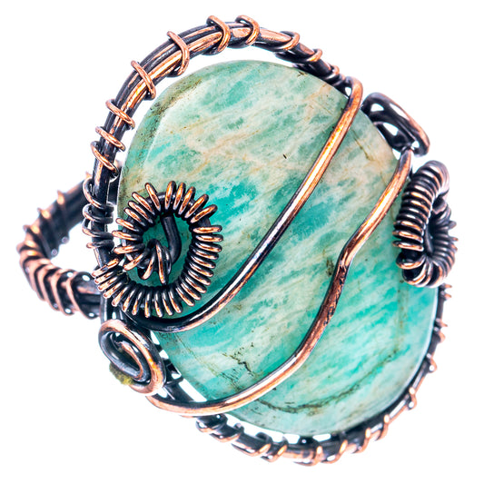 Oxidized copper wire wrap ring with oval green amazonite stone, wired halo