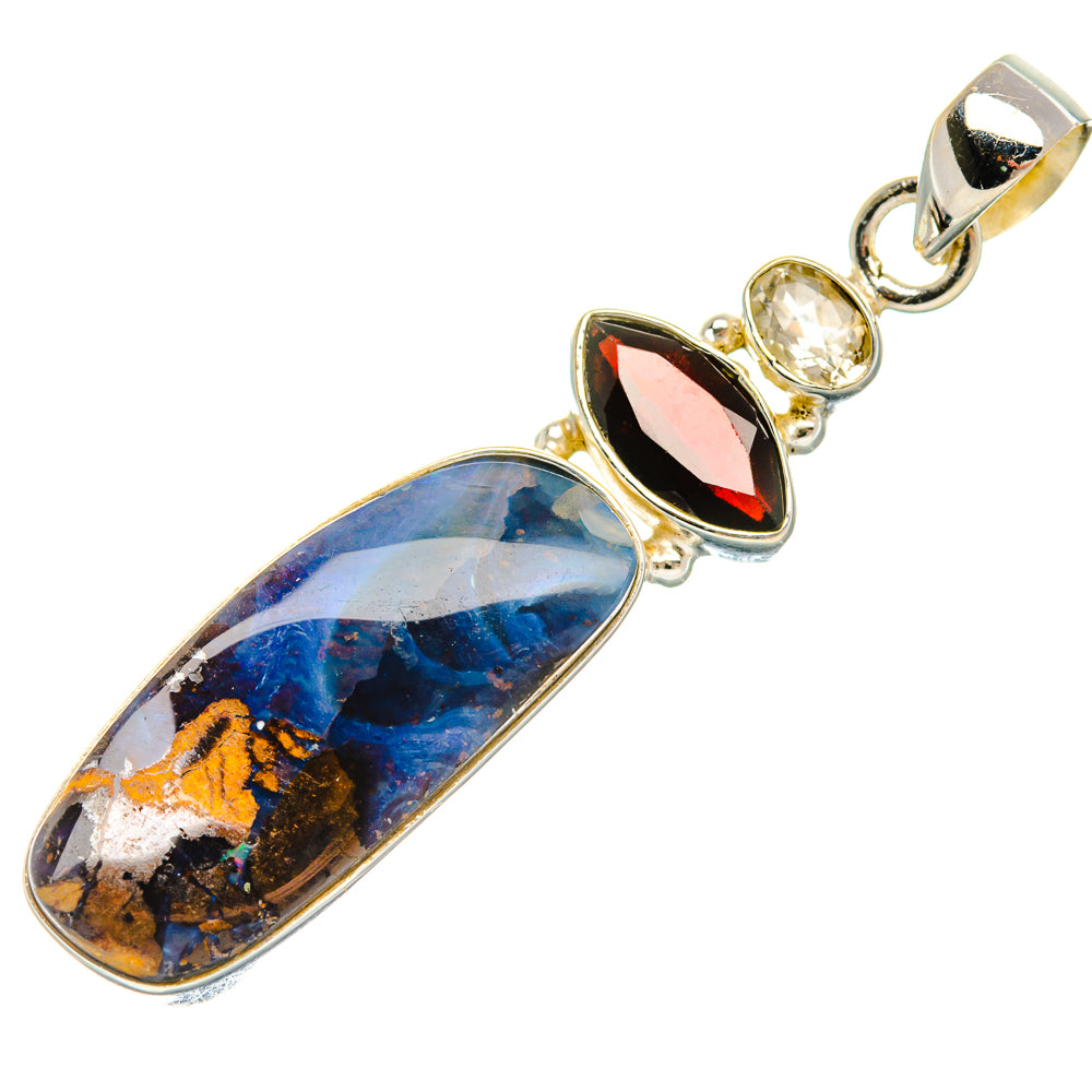 Boulder Opal, Garnet, White Quartz Pendant 2 1/4" (925 Sterling Silver) PD38043