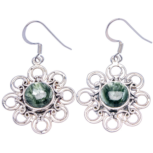 Pair of ornate .925 sterling silver seraphinite drop earrings, round green cabochons
