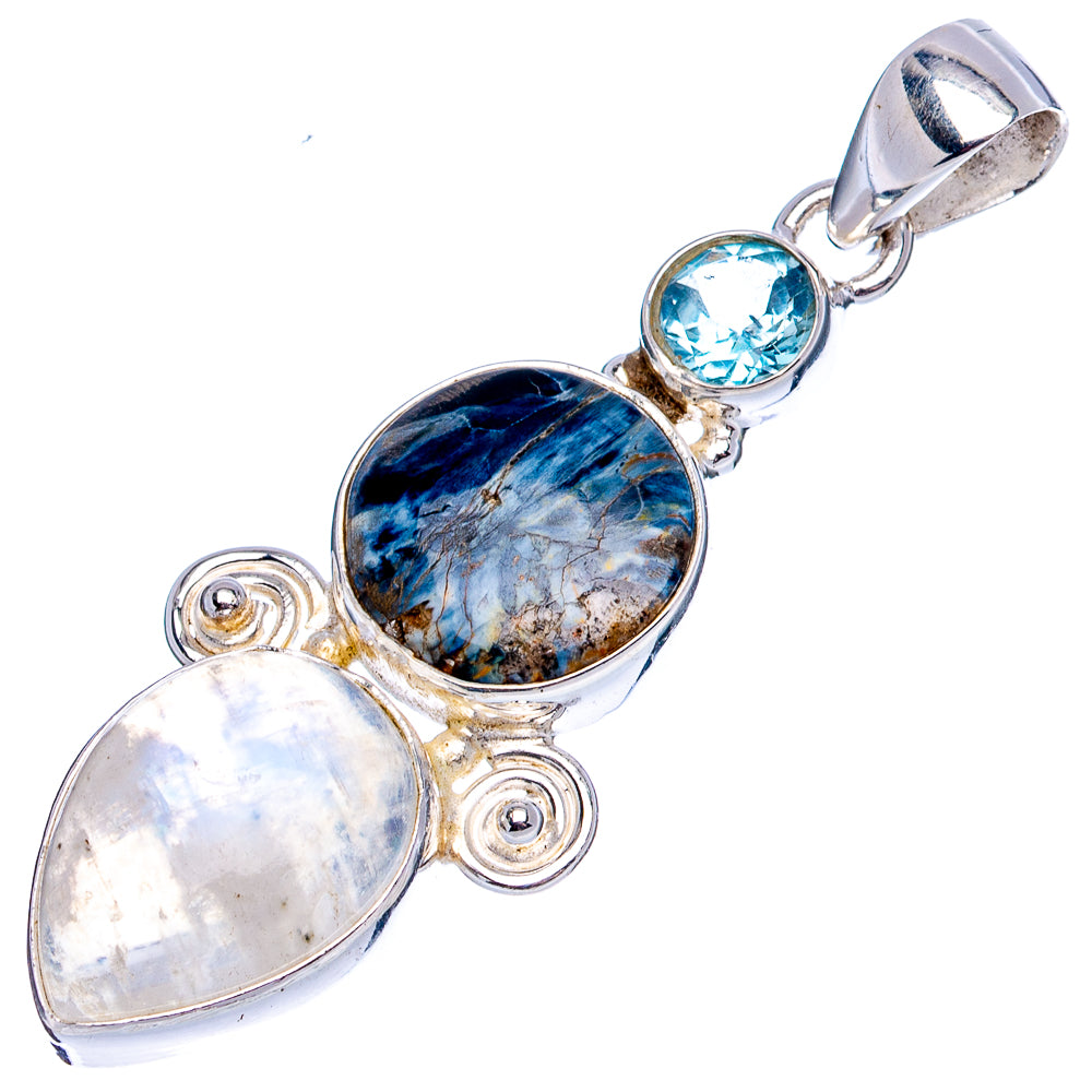 Premium Pietersite, Rainbow Moonstone, Blue Topaz Pendant 1 7/8" (.925 Sterling Silver)