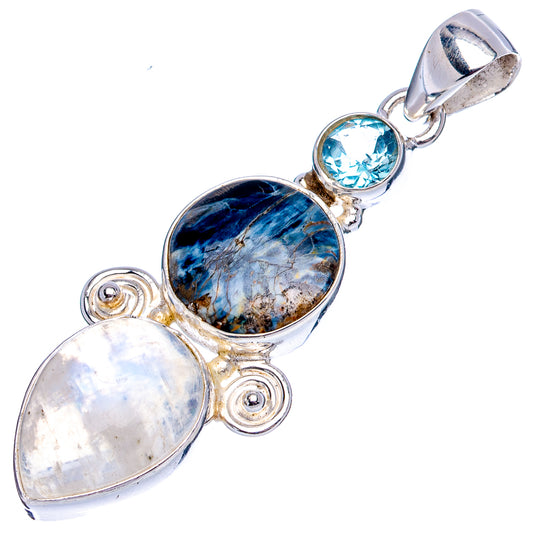 Sterling silver pendant with three framed stones: blue topaz, pietersite, rainbow moonstone