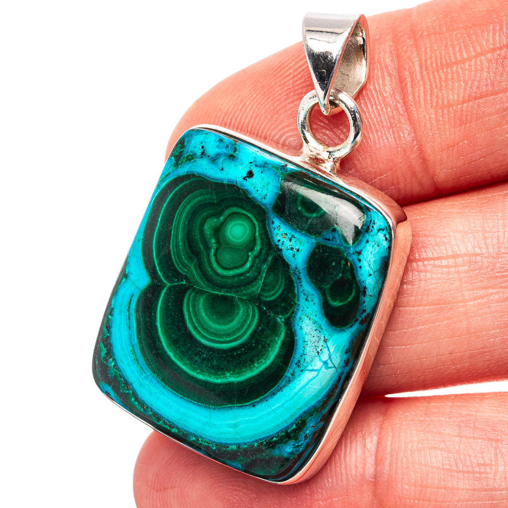 Premium Malachite In Chrysocolla Pendant 1 1/2" (.925 Sterling Silver)