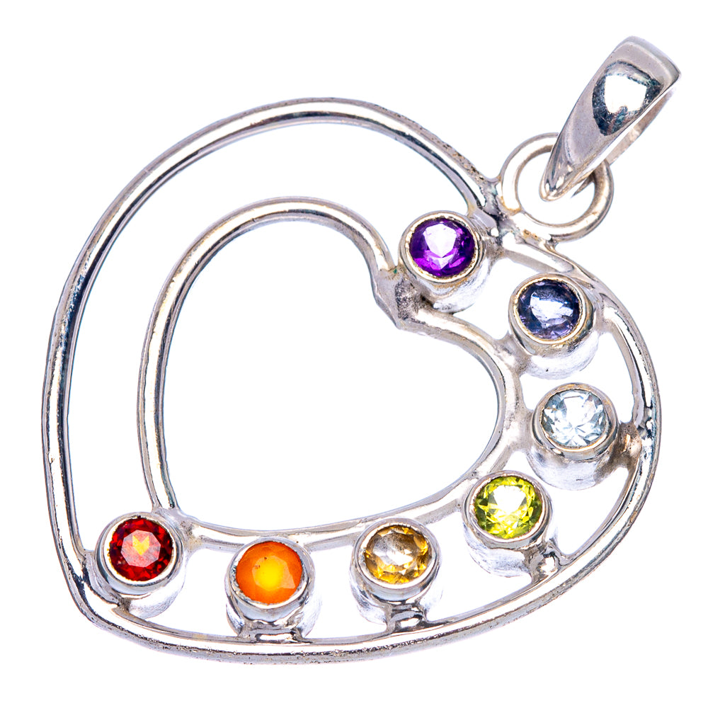 Sterling silver heart pendant with multicolor gemstones and top loop bail
