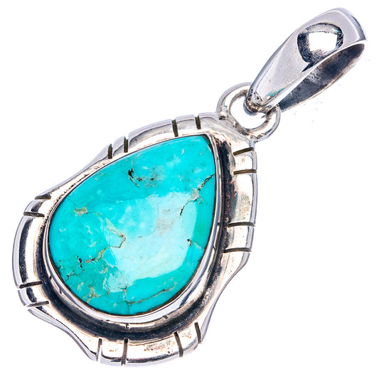Sterling silver turquoise teardrop pendant, oval bezel with decorative raised segments