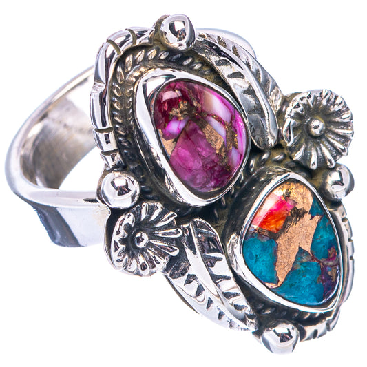Sterling silver ring with pink and turquoise oval cabochons and decorative flower charms