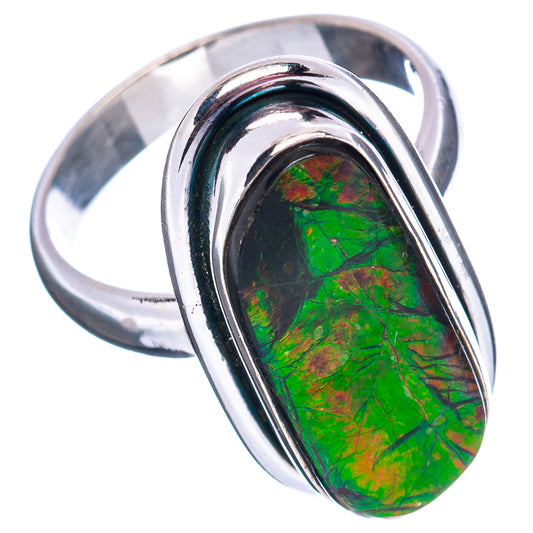 Oval ammolite cabochon ring, .925 sterling silver band, green iridescent stone detail