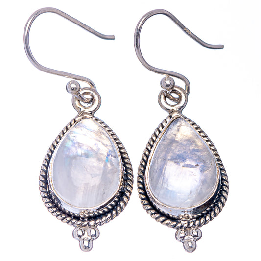 Sterling silver teardrop moonstone earrings, prong-set with braided bezel and bead drops