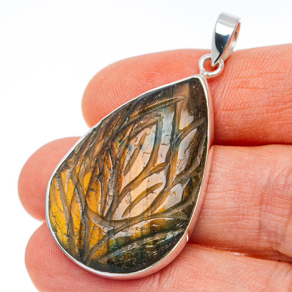 Hand Carved Premium Labradorite Pendant 2" (.925 Sterling Silver)
