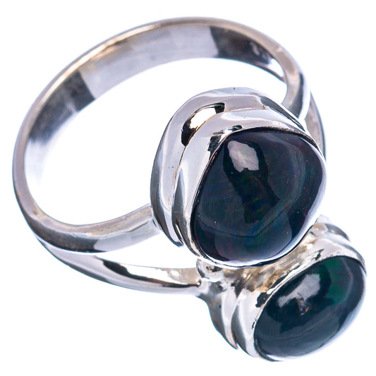 Sterling silver ring with two oval black opal cabochons in high-polish bezels