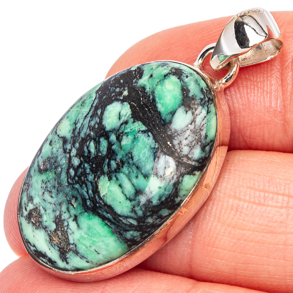 Oval variscite stone pendant in 925 sterling silver bezel with bail, turquoise and black