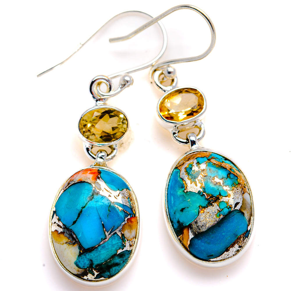 Spiny Oyster Turquoise, Citrine Earrings 1 3/4" (925 Sterling Silver) EARR432103