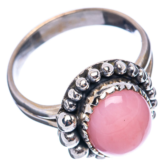 Pink opal cabochon ring in .925 sterling silver with bead-detail band