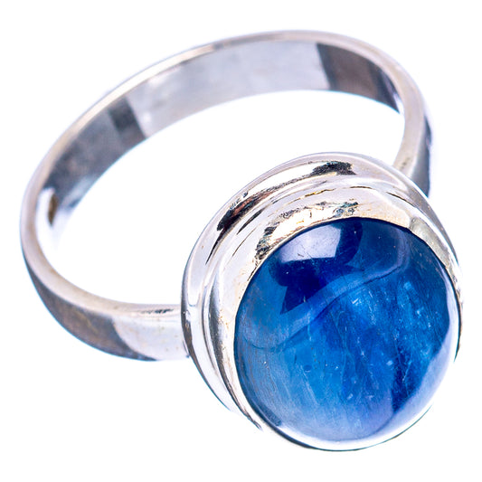 Sterling silver kyanite ring with blue round cabochon in bezel, side view
