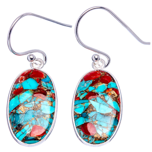 Oval coral and turquoise matrix drop earrings in .925 sterling silver, fishhook style