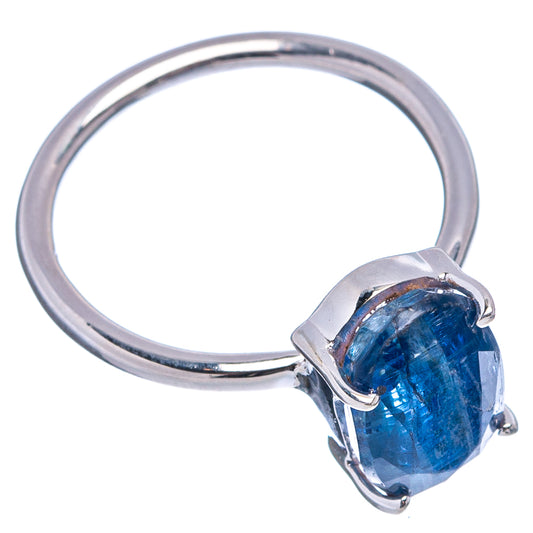 Sterling silver ring with blue kyanite oval stone and prong setting, side view