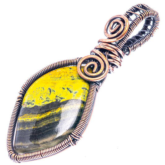 Oval bumblebee jasper pendant with oxidized copper wire wrap and spiral bail loops.