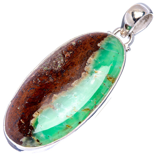 Oval chrysoprase pendant, green and brown cabochon set in sterling silver bail