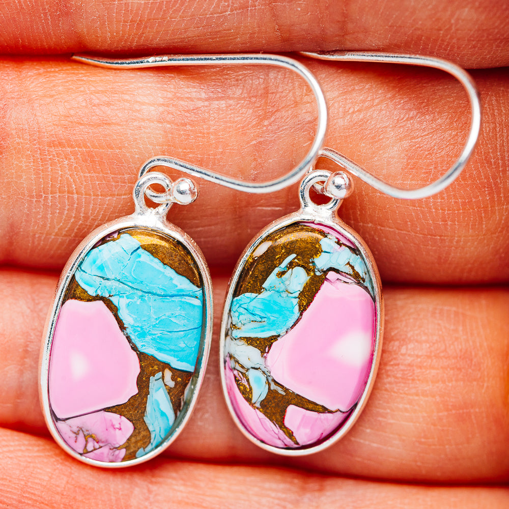 Pink Dahlia Turquoise Earrings 1 3/8" (.925 Sterling Silver)