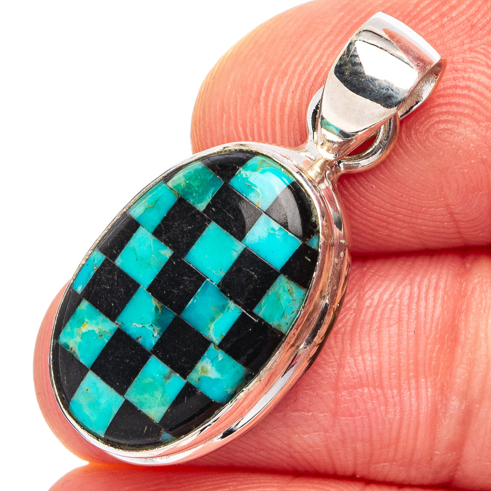 Rare Kingman Turquoise Black Onyx Pendant 1 1/4" (.925 Sterling Silver)